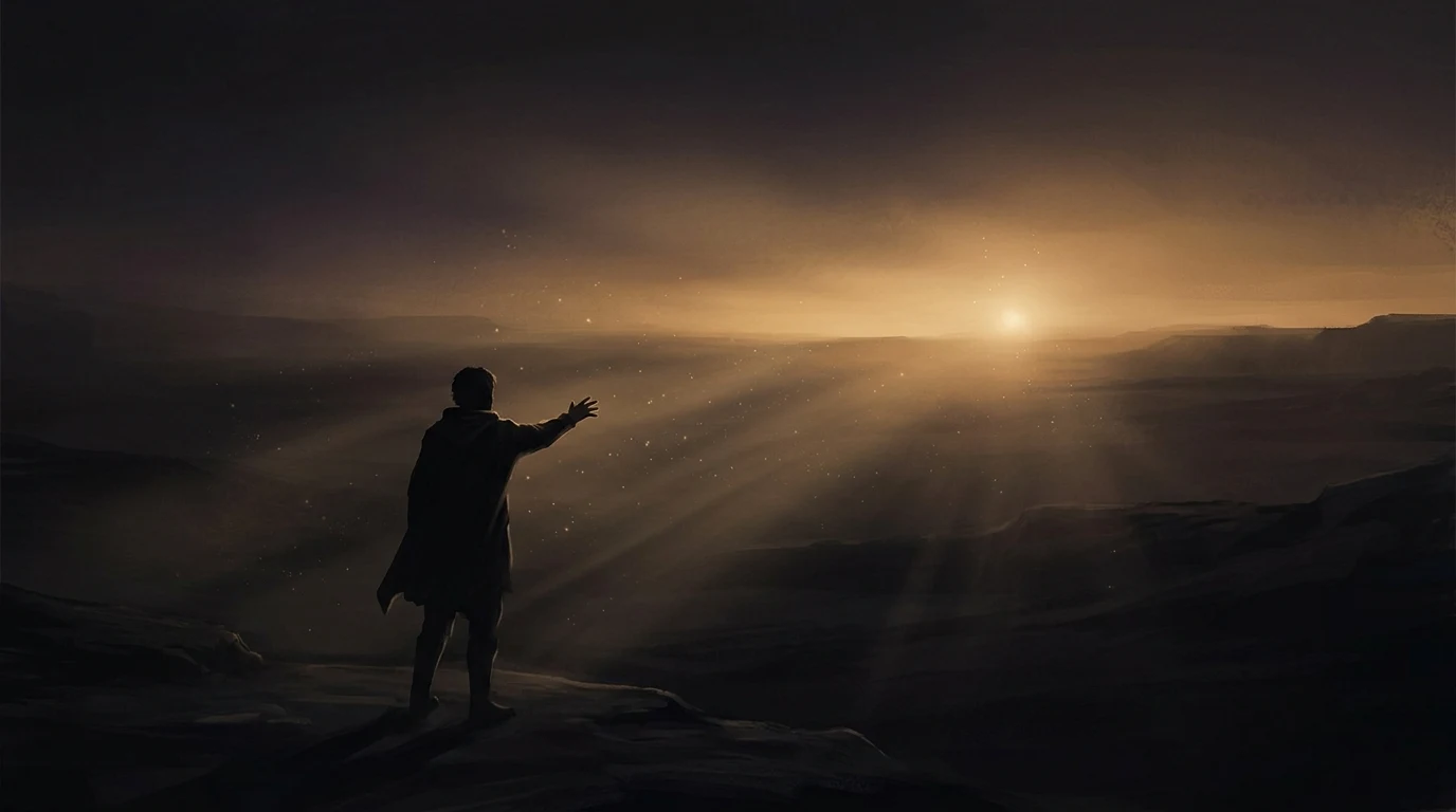 A person reaching toward distant light